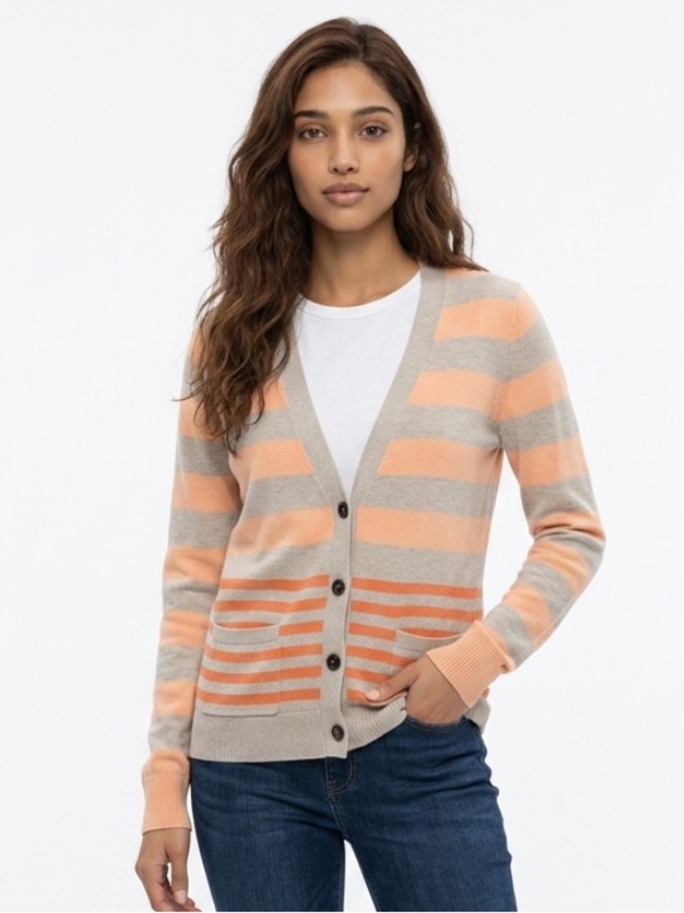 WALLACE 57060 Sweater Cardigan Stripecast Striped Boyfriend Button Orange Beige